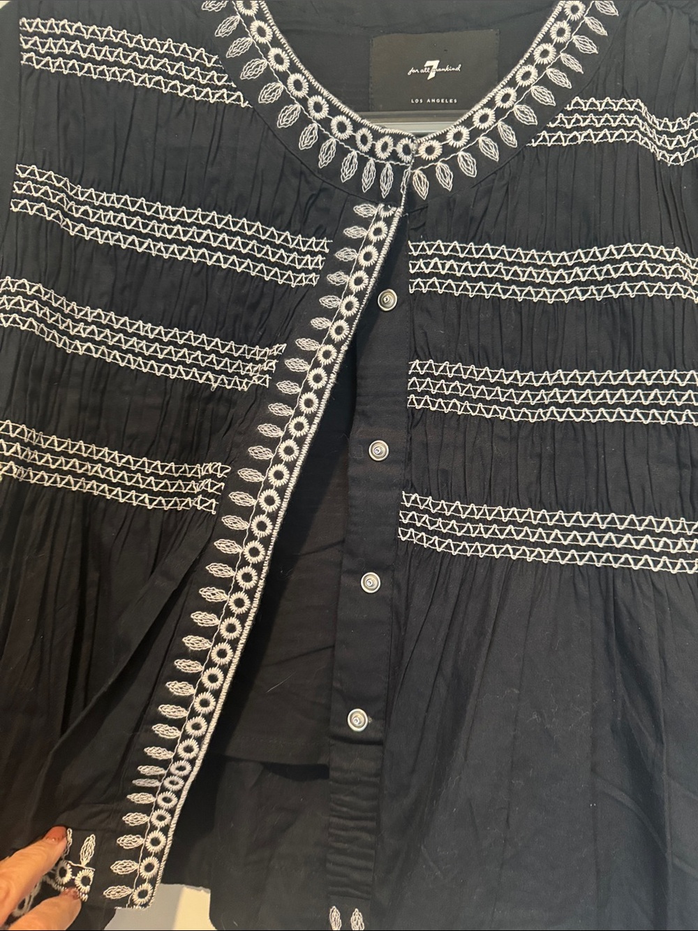 7 For All Mankind Black Tunic Blouse with White Embroidery - Picture 2 of 4